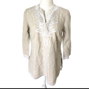 Sunny Leigh Linen Embroidered Tunic Shirt Womens Medium Beige White 100% Linen